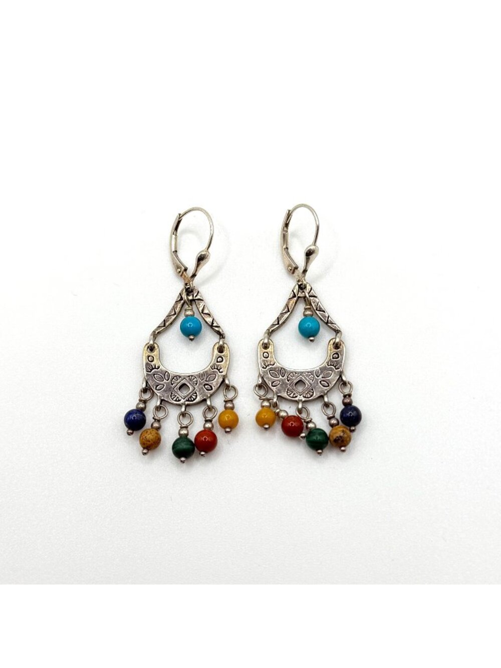 Vintage 925 Silver Dangle Earrings With Multicolor Gemstone Beads